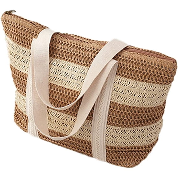 CoCopeaunts Straw Beach Bag Women Summer Handmade Woven Large Tote Bag Striped Straw Handbag Shoulder Bag for Travel Vacation