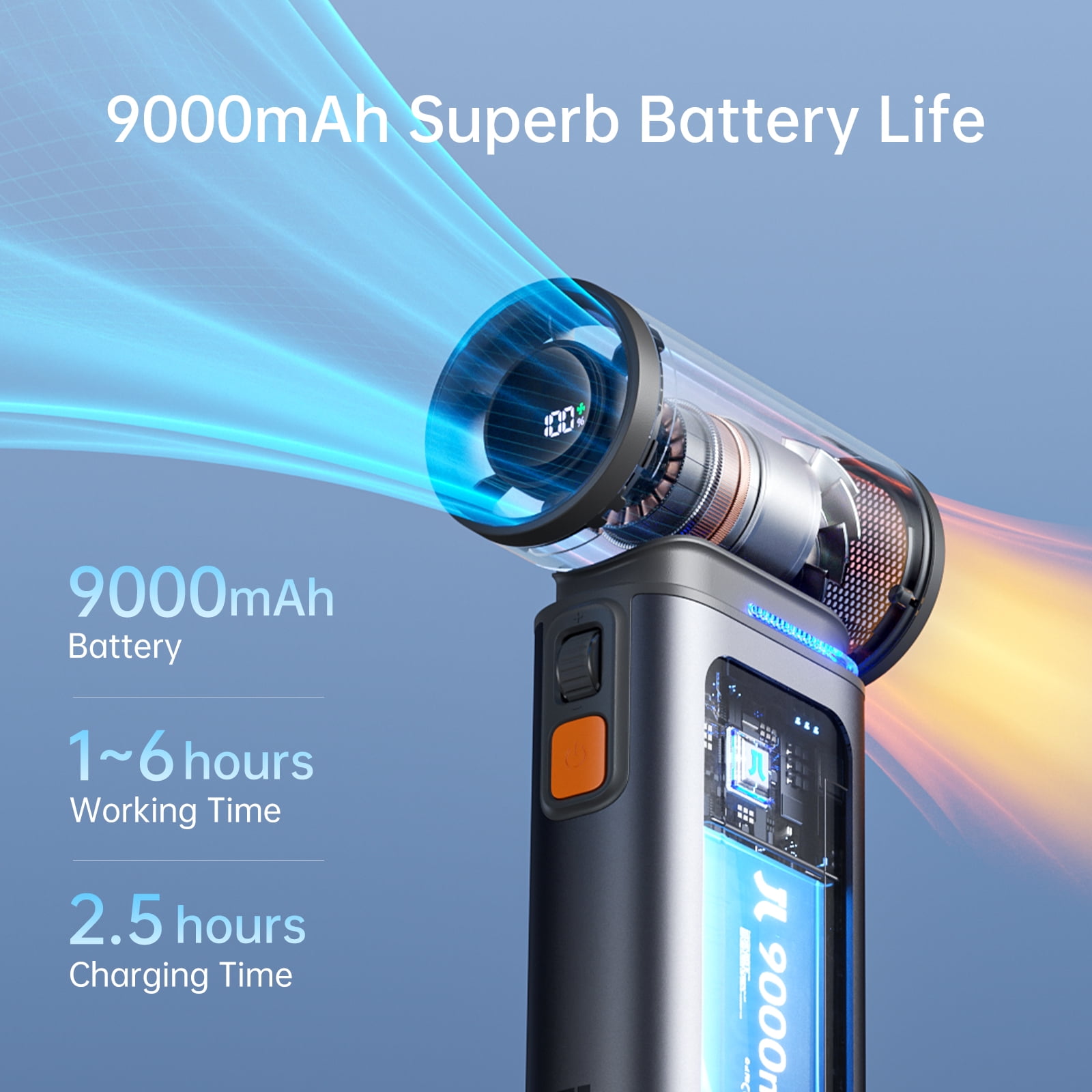 JISULIFE Portable Turbo Fan - 100-Speed Adjustable, 9000mAh Rechargeable, LED Display, Metal Shell with Accessories