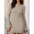 thumbnail image 4 of Women'S Elegant Boat Neck Long Flare Sleeve Ribbed Slim Fit Bodycon Knit Mini Dress Color S, 4 of 9