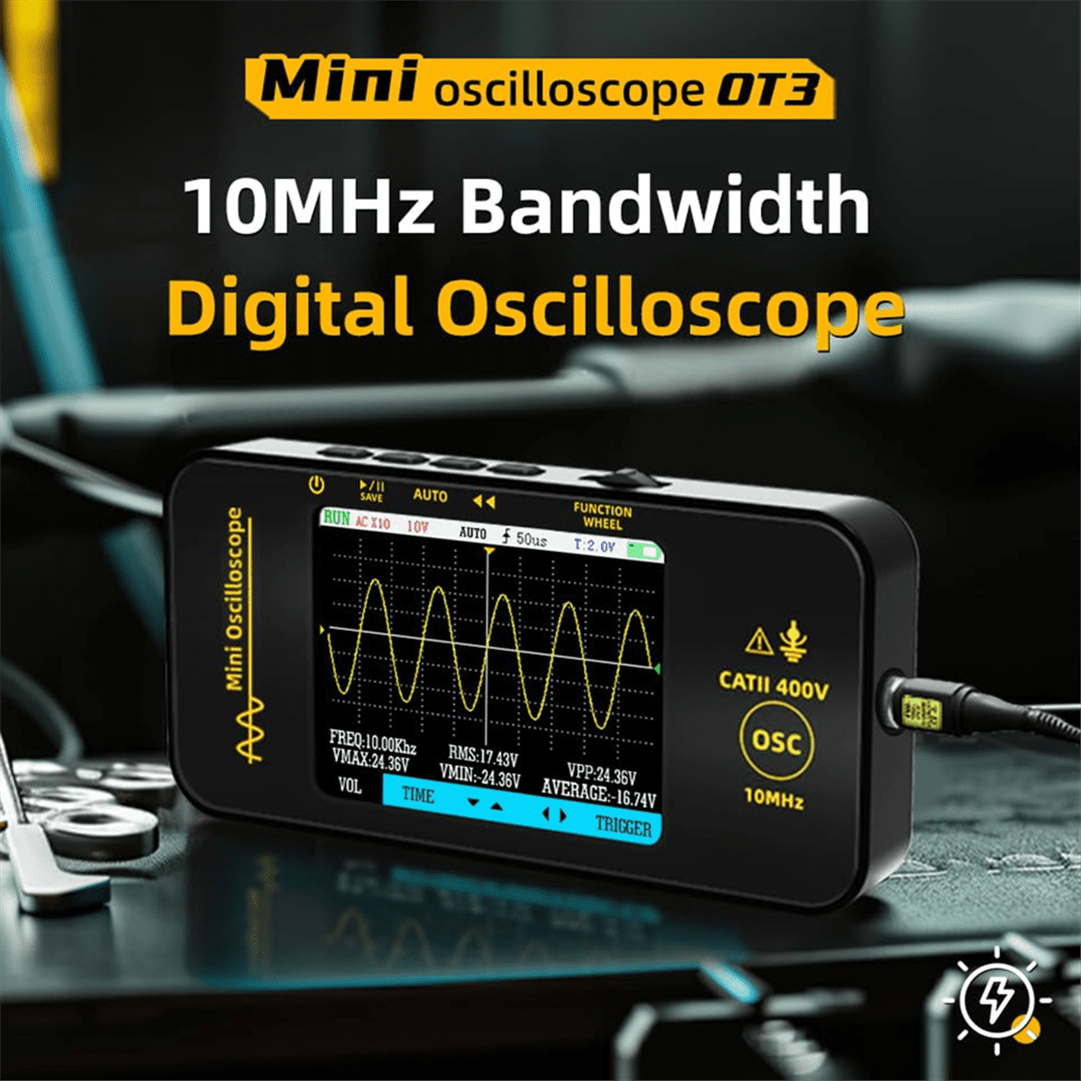 Handheld Oscilloscope 3.2Inch TFT Display 10MHz Bandwidth Automotive Oscilloscope 48MSa/S Sampling Rate Trigger Function