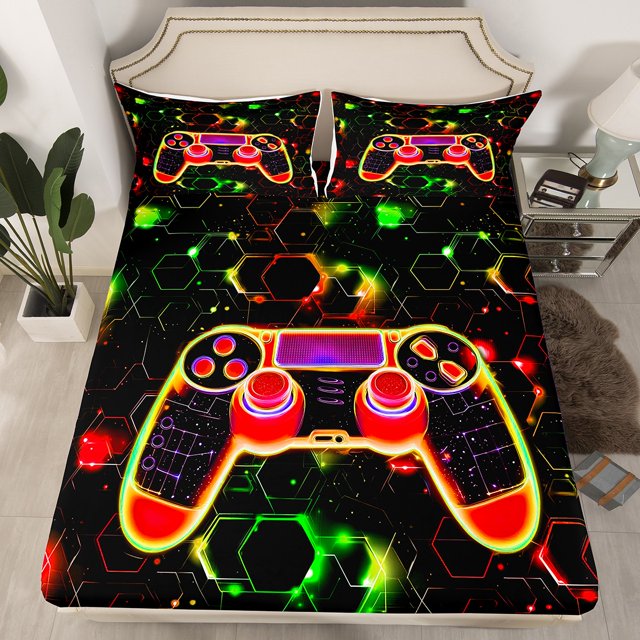 Erosebridal Gradient Gamepad Fitted Sheet Queen, Video Game Bedding Set Queen Size, Neon Geometry Decor 3-Piece