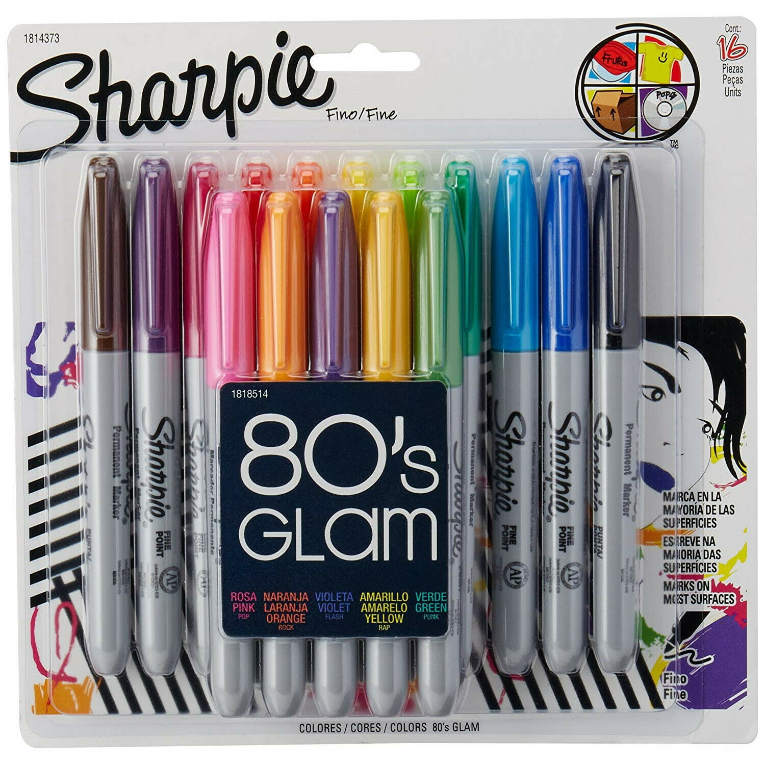 Sharpie 80's Glam Permanent Markers, Fine Point, Assorted Colors, 16 ...