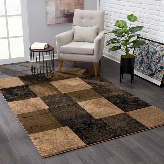 homeroots home decor 393788 7’ x 9’ Brown Geometric Blocks Area Rug