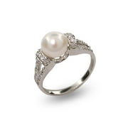 Women's Vintage Style Sterling Silver 5mm Round Pearl Ring w/ Czs, Ring Sizes 5