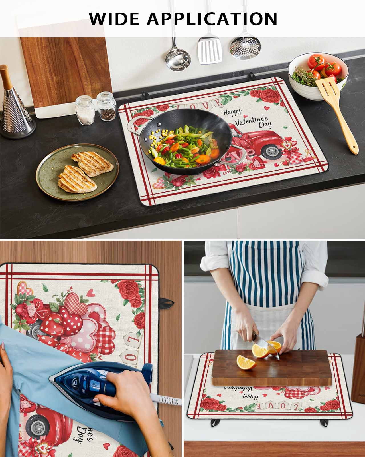 Large Induction Cooktop Protector Mat Valentine's Day Stove Top Covers for Electric Stove, Red Truck Love Roses Gifts Farmhouse Decorative Stove Burner Cover Mats, Glass Top Stove Cover