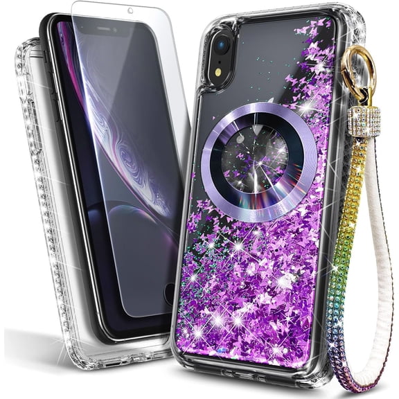 NageBee Designed for iPhone XR Magnetic Case for MagSafe, Tempered Glass Screen Protector/Wrist Strap Lanyard, Glitter Floating Liquid Cute Case (Purple)