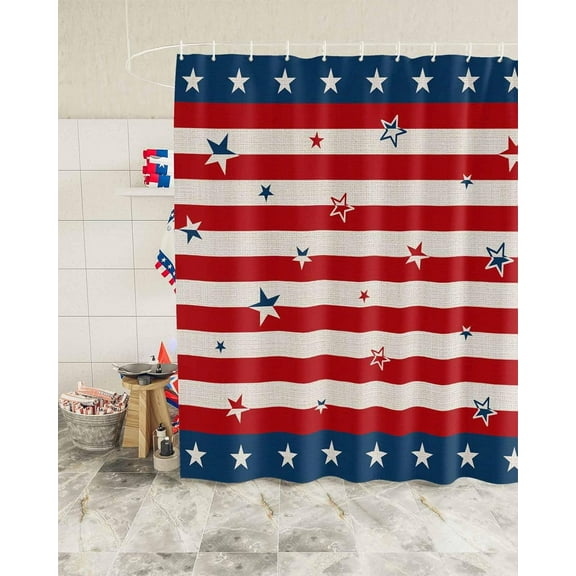 Independence Day Stars Stripes Shower Curtain, American Flag Shower Curtain Set with Hooks, Spring Summer Waterproof Fabric Shower Curtains for Bathroom Decor, 72x72 Inch Bath Curtain