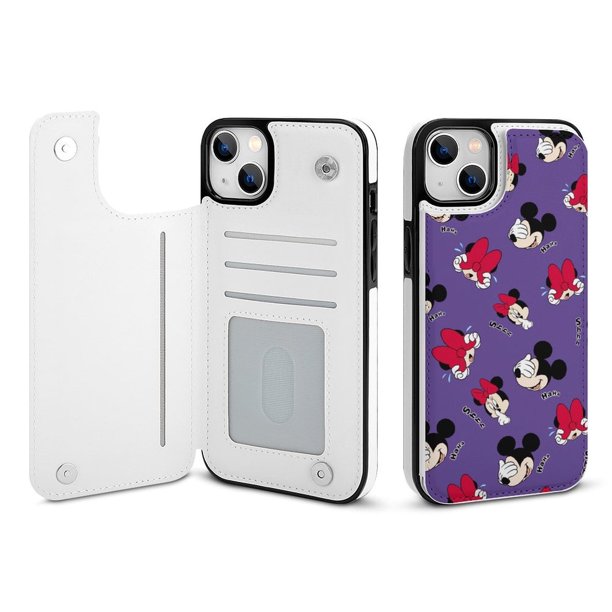 Funda tipo cartera de Mickey Mouse para iPhone 14 Plus con tarjetero, tapa trasera tipo libro de piel sintética con función atril, ranuras para tarjetas, cierre magnético doble, antigolpes.