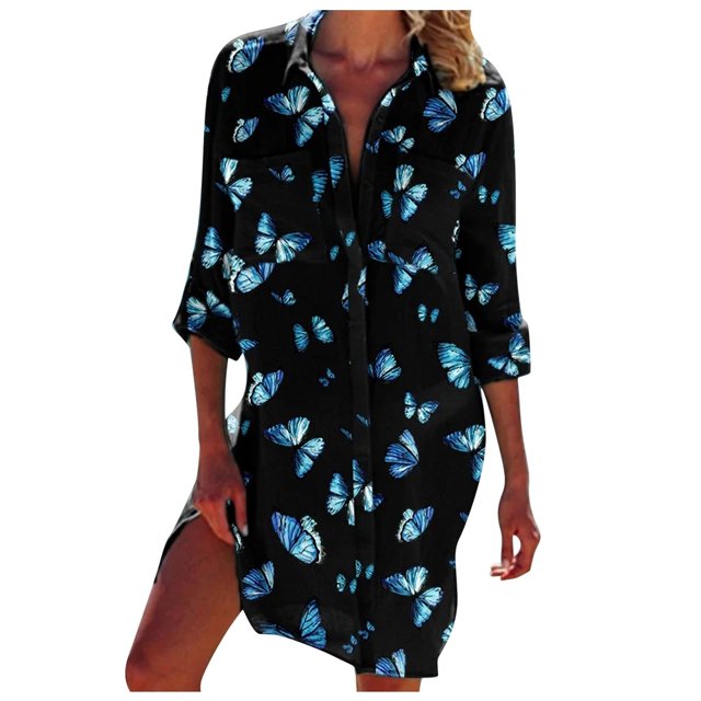 Vestido Túnica de Manga Larga Con Cuello en V Y Estampado de Mariposas Con Bolsillo Para Mujer Odeerbi ODB114349