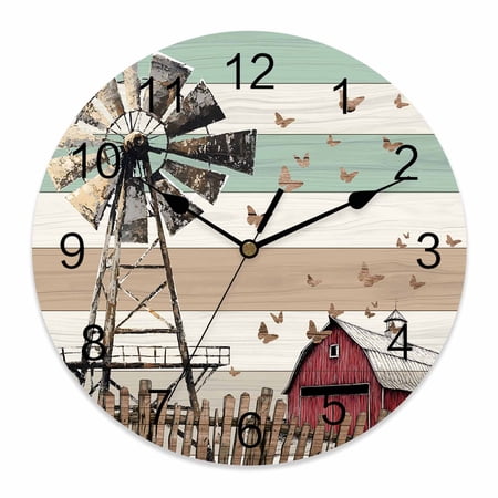 Wall Clock 14 inch Farmhouse Windmill Butterfly Battery Operated Clocks Silent Non-Ticking Wallclock Retro Green Brown Wood Grain Round Decorative Wall Clocks for Home Office School
