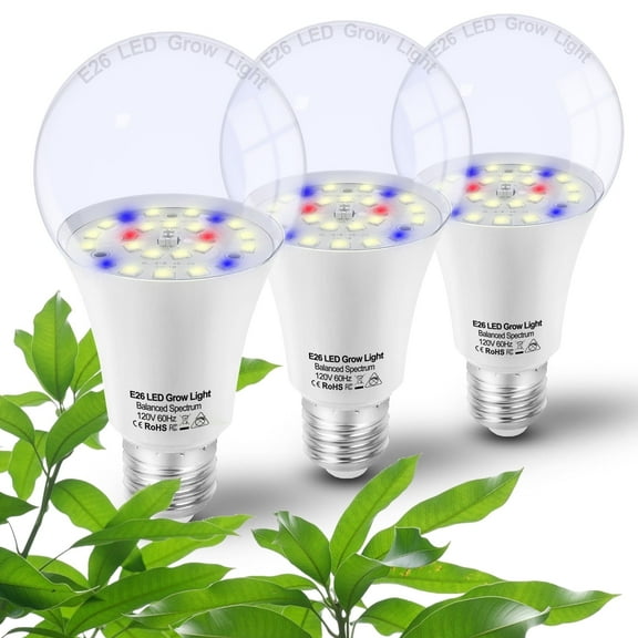 Grow Light Bulbs for Indoor Plants Full Spectrum,E26 A19 Grow LED Lamp Bulb 10W, Pack of 3
