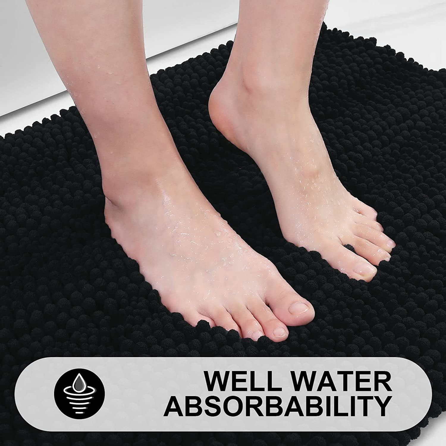 Chenille Striped Bathroom Rugs 24x16, Extra Thick and Absorbent Bath Rugs, Non-Slip Soft Plush Shaggy Bath Carpet, Machine Wash Dry, Bath Mats for Bathroom, Black