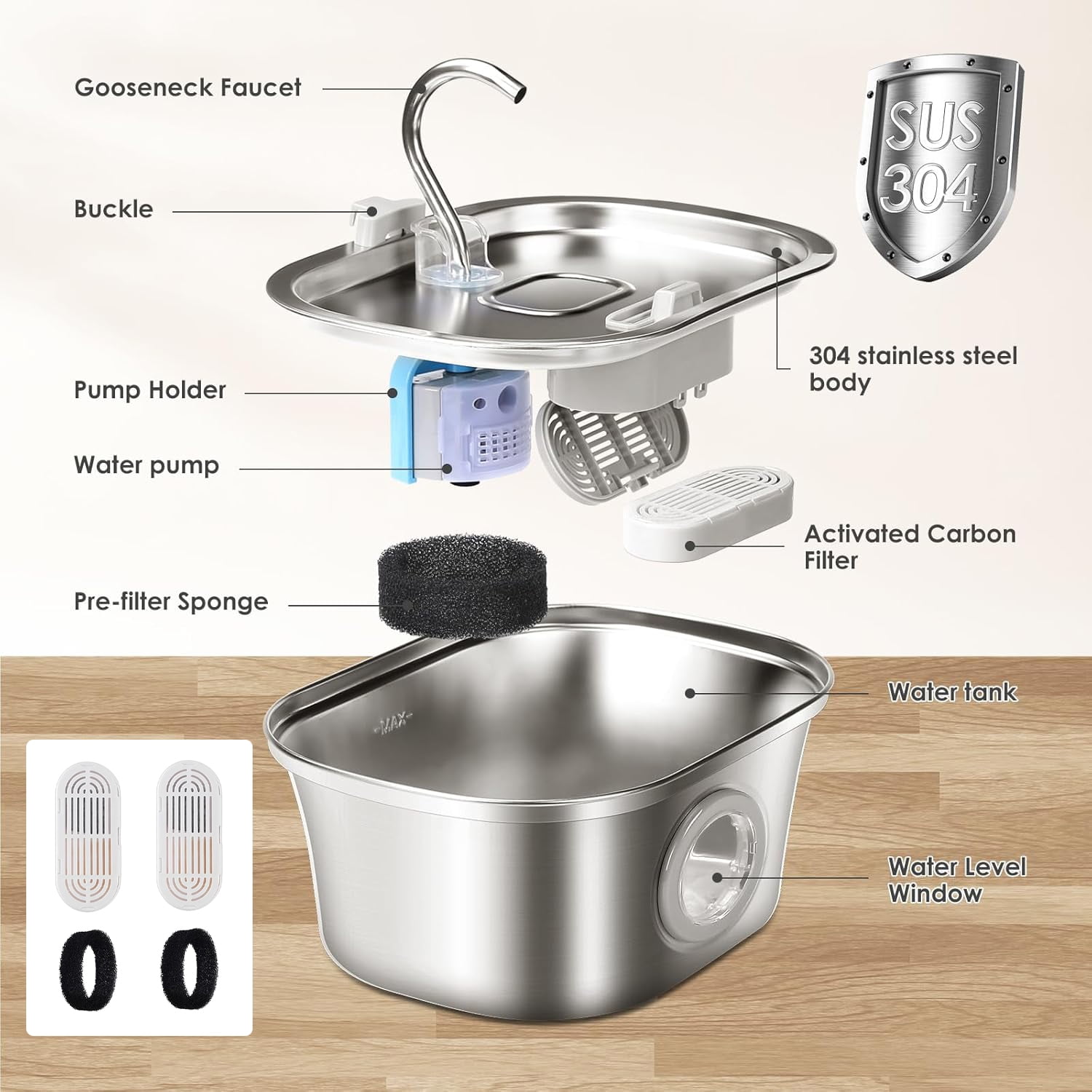 Behome 108oz/3.2L Cat Water Fountain Stainless Steel, Automatic Pet Fountain with Replacement Filters & Water Level Window, for Cats, Dogs, Multiple Pets (Gray)
