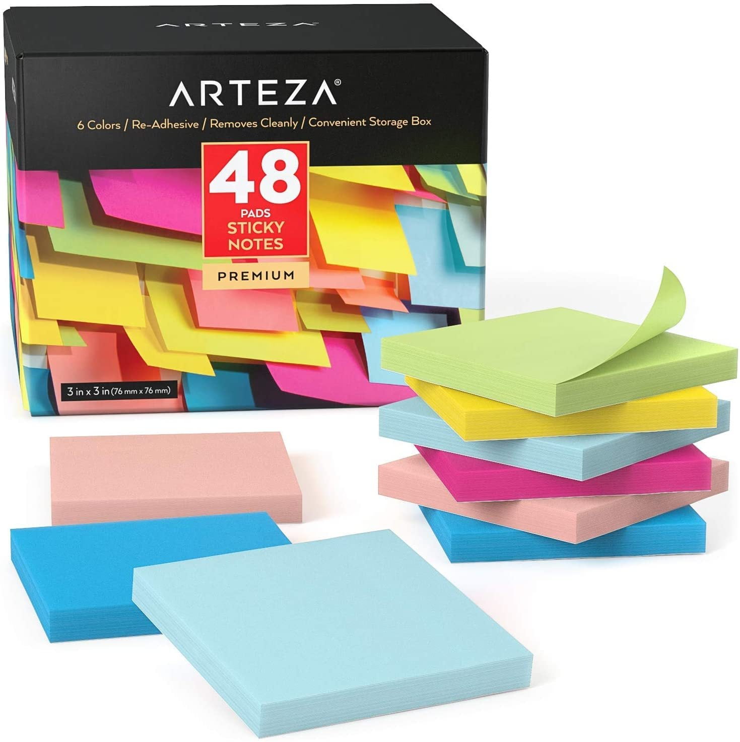 Arteza Sticky Notes, Assorted Colors, 100 Sheets for School 48 Pack