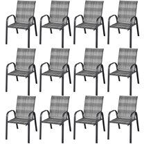 Costway Set of 12 Patio Rattan Dining Chairs Stackable Armrest Garden Mix Gray
