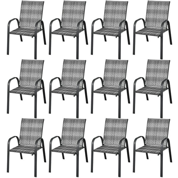 Costway Set of 12 Patio Rattan Dining Chairs Stackable Armrest Garden Mix Gray