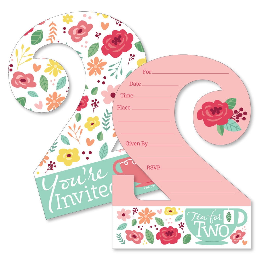 2nd Birthday Tea for Two - Shaped Fill-In Invitations - Garden Second Birthday Party Invitation Cards with Envelopes - Set of 12