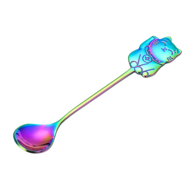 304 Stainless Steel Luck Cat Coffee Stirring Spoon Cartoon Dessert Spoon for Eating Dinner Kitchen (Colorful)