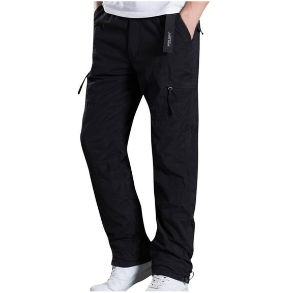successthop Cargo Pant Elastic Waist for Men Fleece Solid Workwear with Multiple Pockets Zipper Casual Trousers
