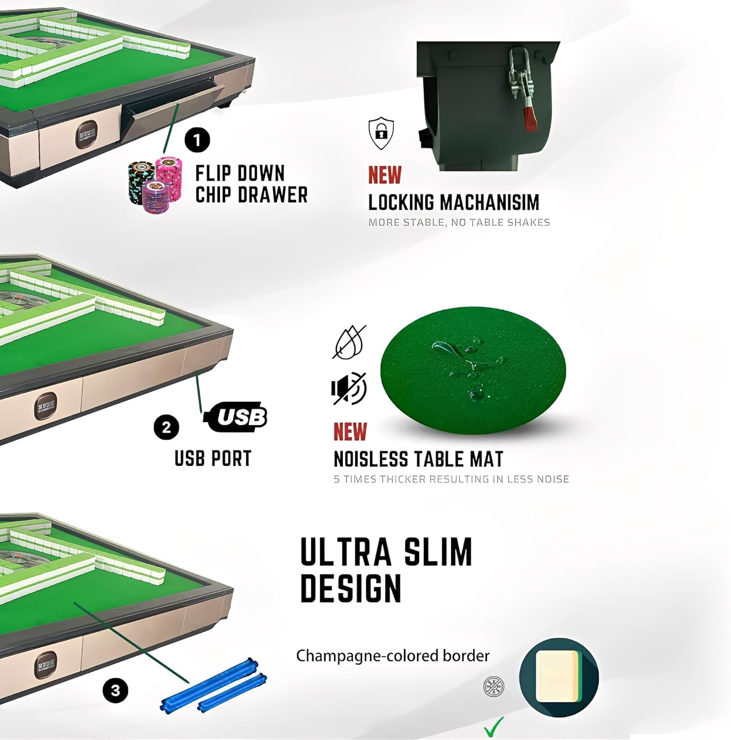 Automatic mahjong table Suitable for Americans, Filipinos, Chinese,Folding Electric Mahjong Table ，Two sets of 42mm mahjong tiles set， quiet shuffling, USB Charging（Easy to install）