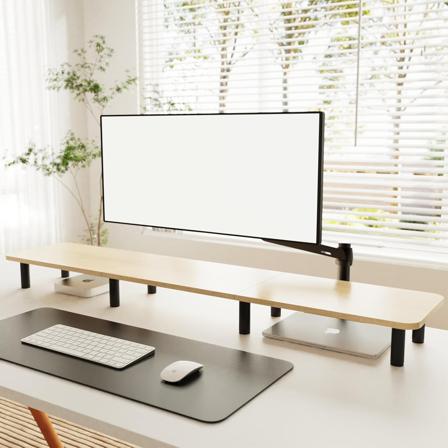 Extra Long Dual Monitor Stand - 43.7 Inch Wide Wood and Steel Desktop Riser for Home Office Desk Organization