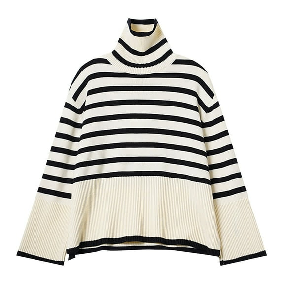 VISALY Turtleneck Sweatshirt Tunic Sweatshirt Women's Striped Turtleneck Sweater Long Sleeve Oversized Knitted Soft Pullover Sweaters Side Lightweight Pullover Soft Sweaters Pullover Beige L
