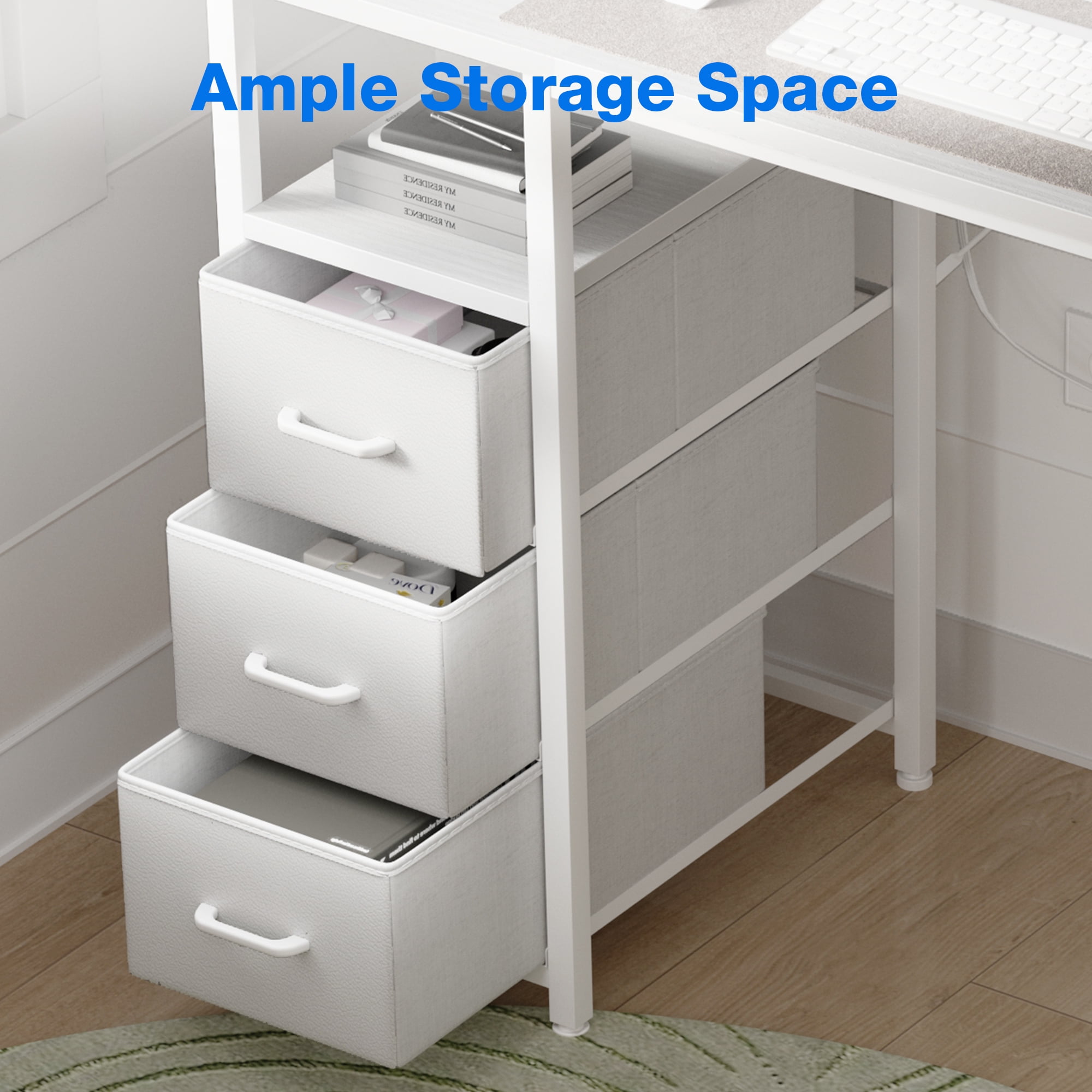 48 inch Computer Desk with Power Outlets, Home Office Desk with 3 Drawers, Writing Desk, Vanity Desk for bedroom, White