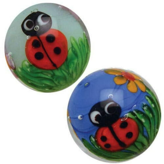 Big Game Toys~2 Ladybirds 16mm Handmade Art Glass Marbles Bugs Insect Lady Bug Flower Clear