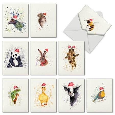 M2973XSB WILDLIFE EXPRESSIONS - HOLIDAY' 10 Assorted Merry Christmas Greeting Cards Featuring Watercolored Animals with Santa Hats on Splatter Backgrounds, with Envelopes by The Best Card (Best Company Holiday Cards)