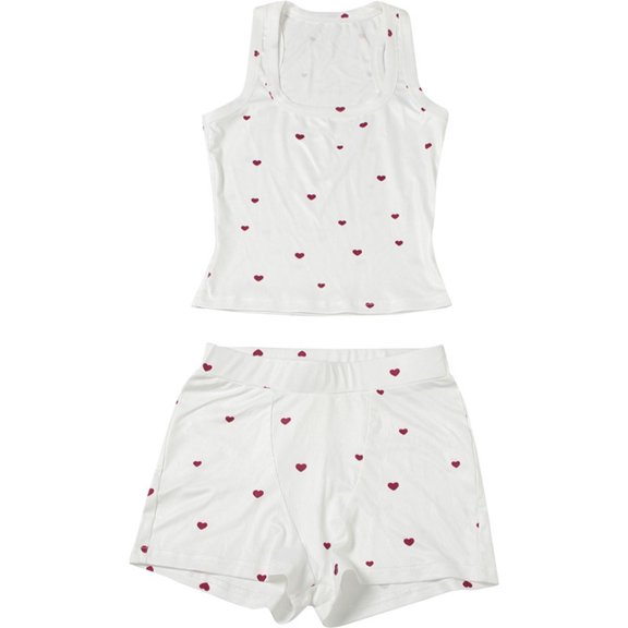 Sewkxo Womens Heart Pajama Sets Casual Sleeveless Tank Top and Shorts Ribbed Knit 2 Piece Lounge Set, Comfy Home Wear,White S