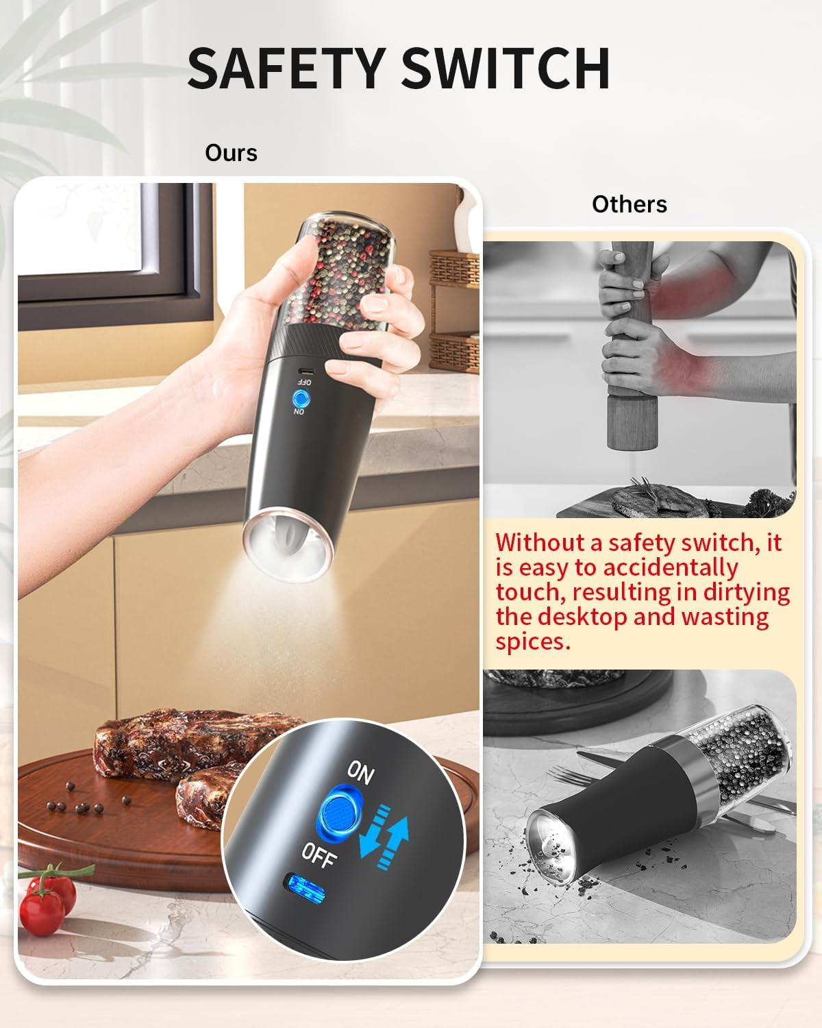 MSAS Gravity Auto-Start Electric Salt & Pepper Grinder Set，Rechargeable, for Kitchen and BBQ, 2 Pack