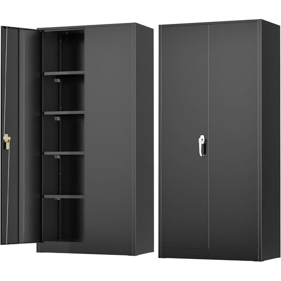 72”Metal Storage Cabinet, Lockable File Cabinets with 2 Doors and 4 Adjustable Shelves, Garage Storage Cabinets with Lock for Office, Home, Gym(Black-Small)