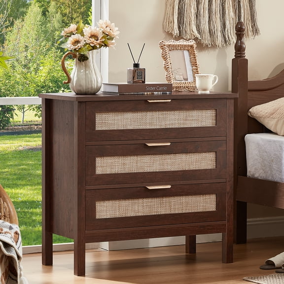 LELELINKY 3-Drawer Storage Nightstand, 31.5" Wide Rattan Bedside Table - Boho Tall Cabinet for Bedroom, Living Room - Brown Finish