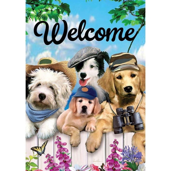 Custom Decor Dapper Dogs Welcome - Garden Size, Decorative Double Sided, Licensed and Copyrighted Flag - Printed in The USA Inc. - 12 Inch X 18 Inch Approx. Size