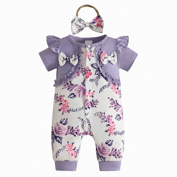 mgoYE Baby Girl Clothes 0-3 Months Newborn Short Sleeve Romper One Piece Jumpsuit Summer Infant Outfits 0 3 6 9 12 18 Months with Headband|Purple 6-9 Months