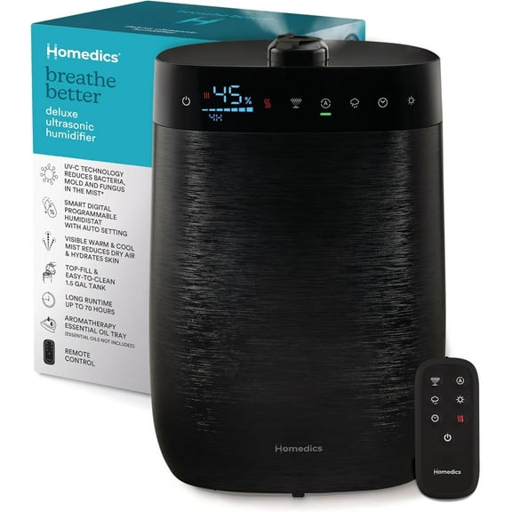 Deluxe Ultrasonic Humidifier for Large Rooms, Warm or Cool Mist, UV-C Technology, 1.5-Gallon Top Fill Tank, Smart Digital Programmable Humidistat, Home Dry Air Relief, Aromatherapy