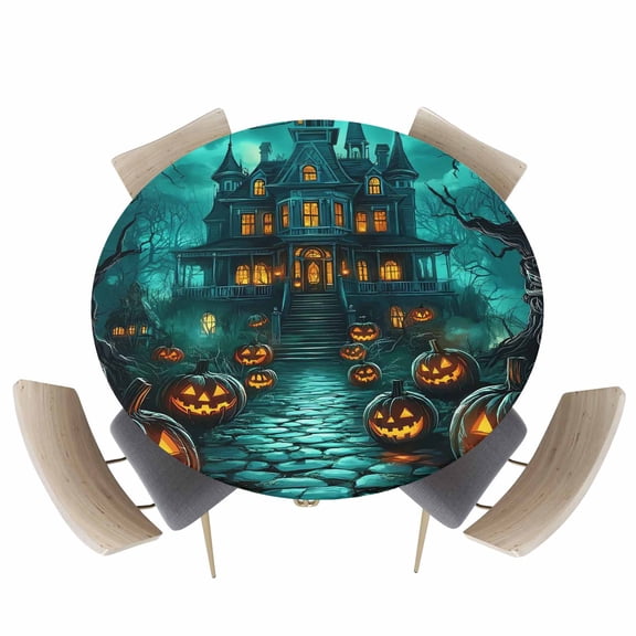 Round Fitted Tablecloths with Elastic Edge Horror Halloween Haunted Castle Waterproof Wipeable Table Cover for Kitchen Dining Party Decor Pumpkin Ghost Face Bare Tree Table Clothes,36" - 44"