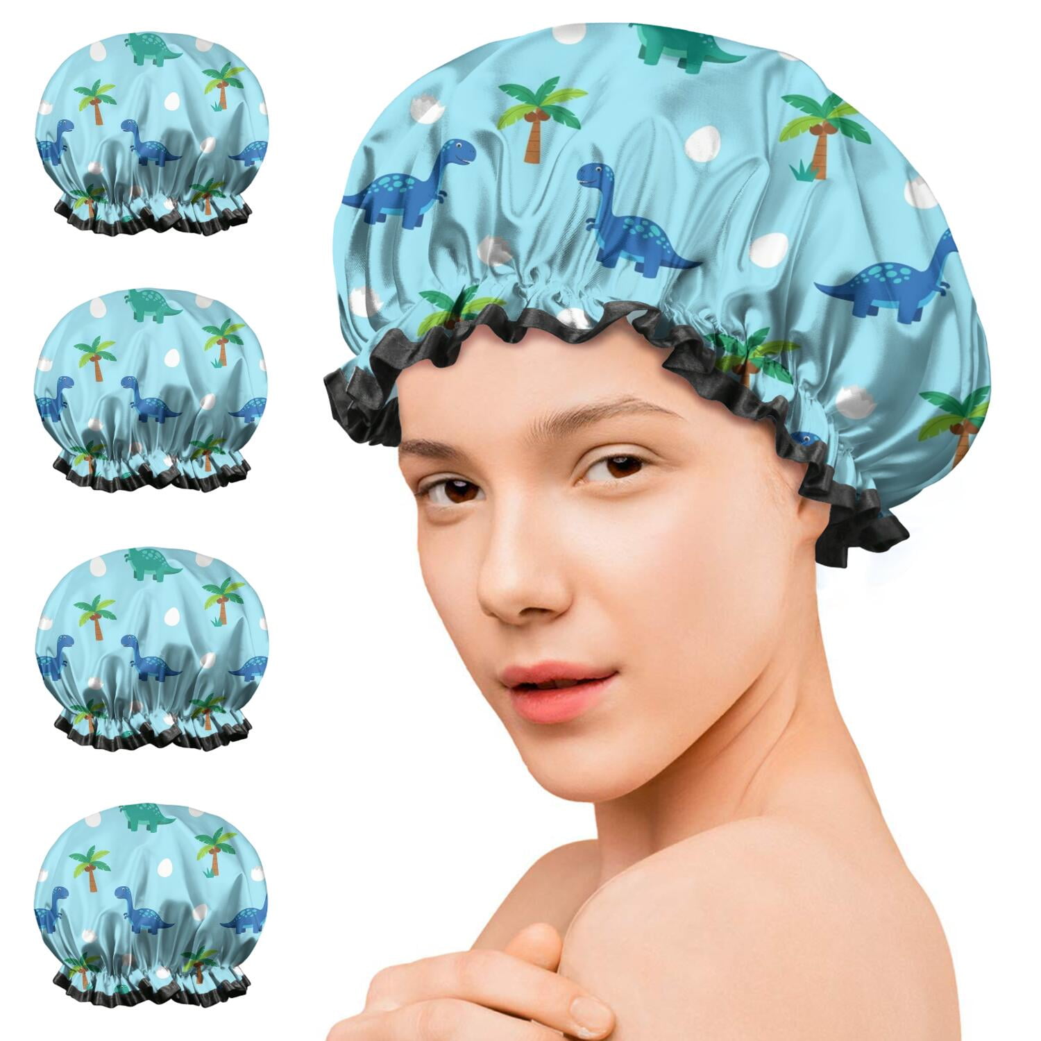 Shower Caps,Light Blue Dinosaurs Palms Eggs Pattern Waterproof Shower Cap for Women 4 Pieces,Double Reusable Hair Cover for Shower PEVA Elastic Stretch Hem
