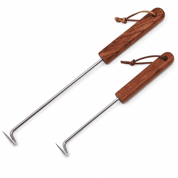 Pigtail Food Flipper 2Pcs, 12 & 17 Inch Meat Turner Hook, Stainless Steel Pig Tail Flipper Hook With Wooden Handle, Grill Accessories for BBQ Grilling Griddle Kitchen Cooking - Right Handed