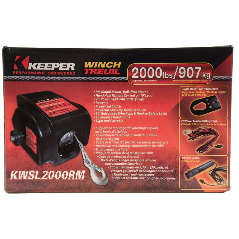 Keeper KWSL2000RM 12V DC Rapid Mount Portable Winch with Handheld Remote -  6000 lbs. Load Capacity