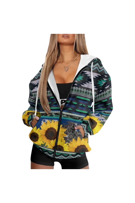 Sunflower American Tribal Leopard Print Trendy Zip Up Hoodies for Women Machine Washable Polyester Coat Comfortable Pockets Sweatshirt Fall Winter Essentials Casual Fashion, XXL