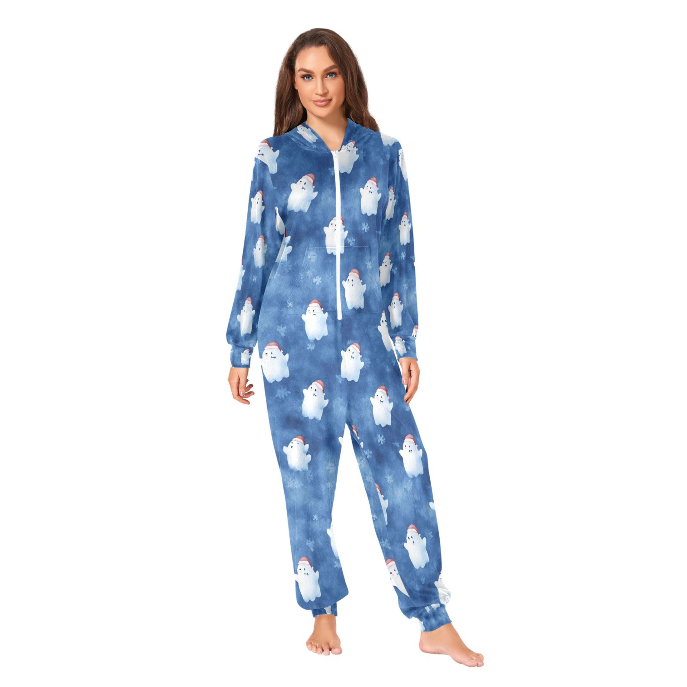 Adult Christmas Onesie Watercolor Christmas Ghost Adult Zipper One-Piece Pajamas Unisex Pajamas with Pockets