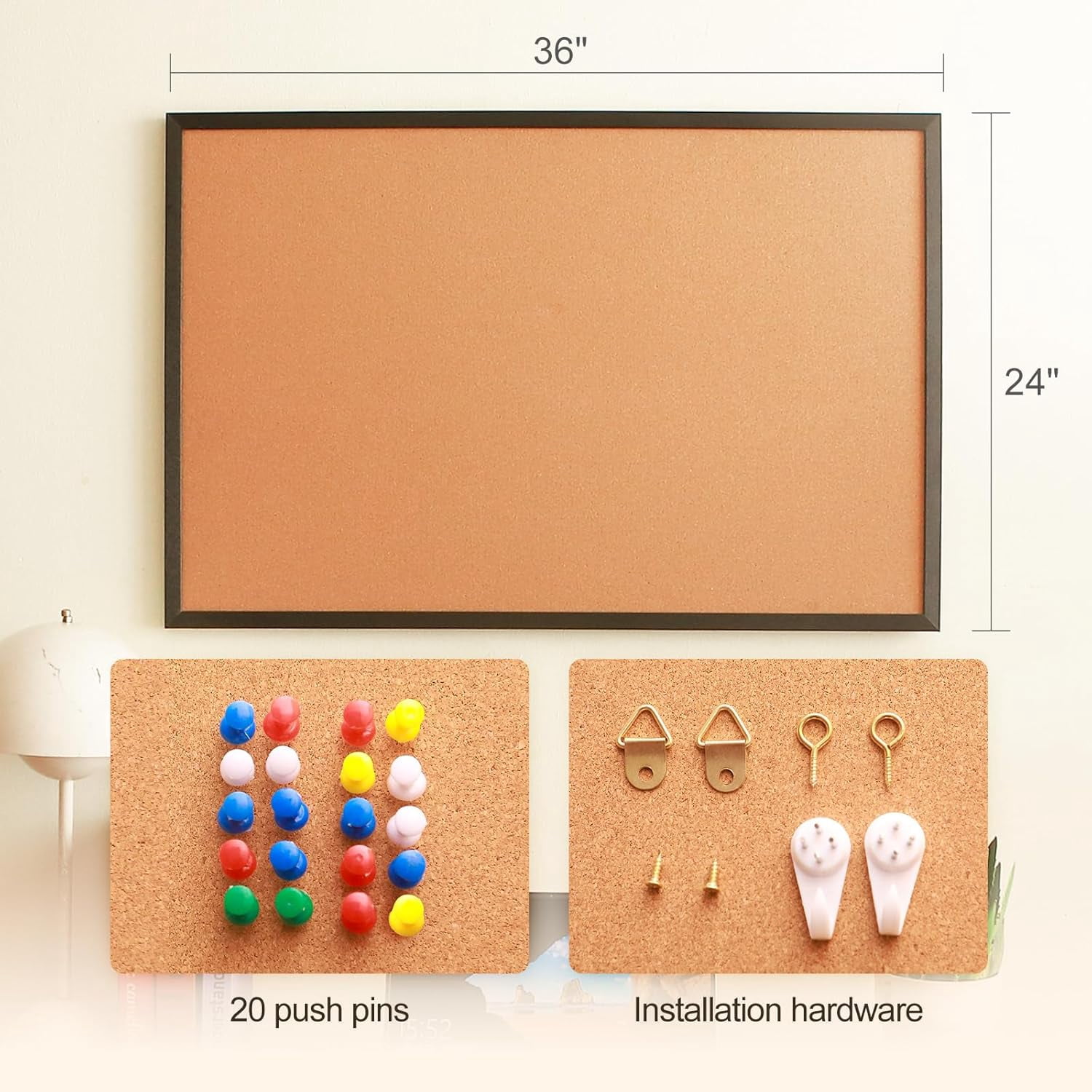 24x36 Inch Cork Bulletin Board for Wall with Black Wood Frame | Modern Pin Office & Home Includes 20 Push Pins Mounting Hardware