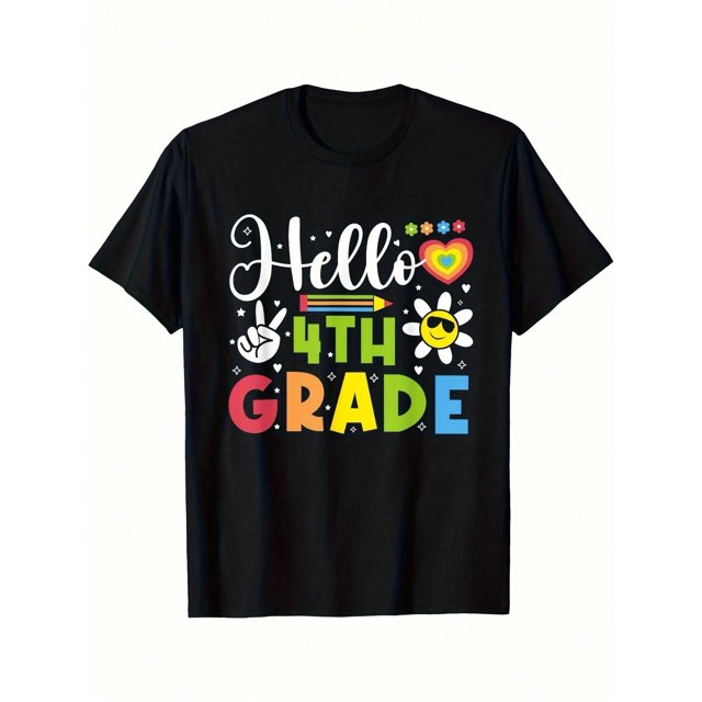 Back To School Hello Third Grade Boys' T-Shirt - Soft 100% Cotton, Round Neck, Short Sleeve, Black With Colorful School-Themed Graphics, ideal For Summer outdoor Play and everyday Fun