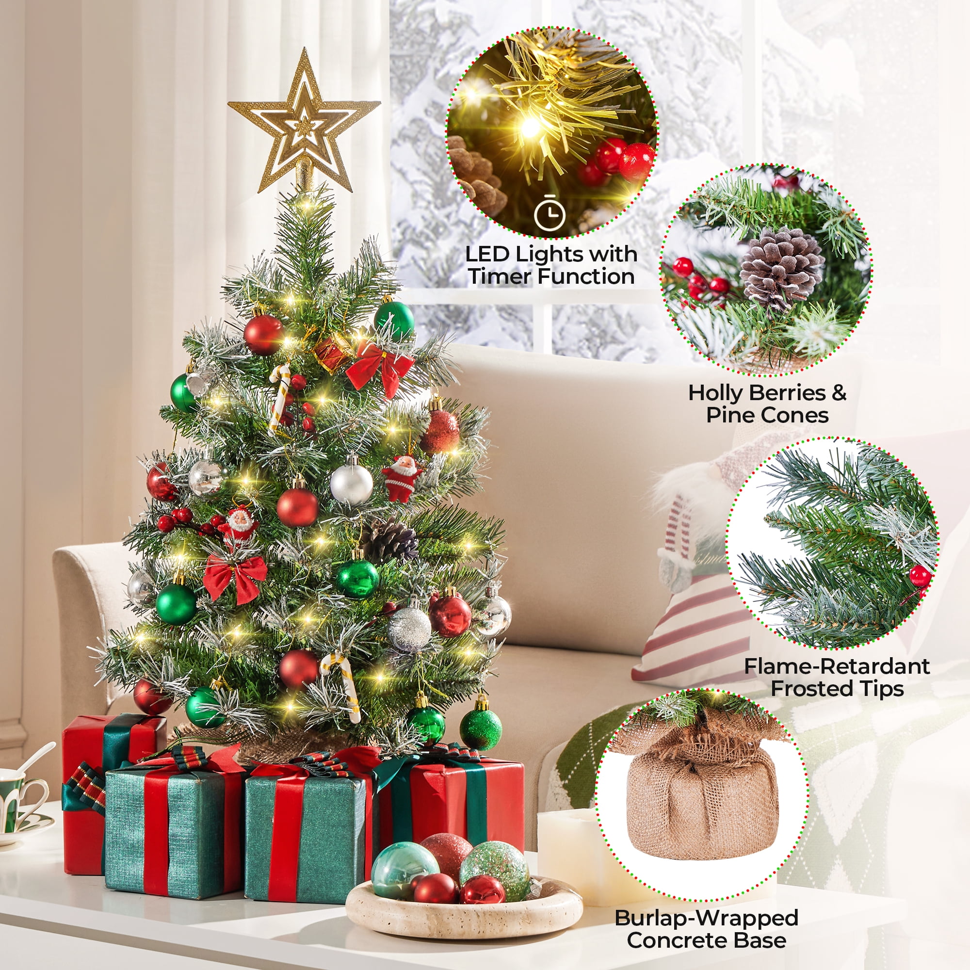 Alden Design Set of 2 2FT Frosted Tabletop Christmas Trees with Warm White LED Lights, Pinecones & Berries, Green