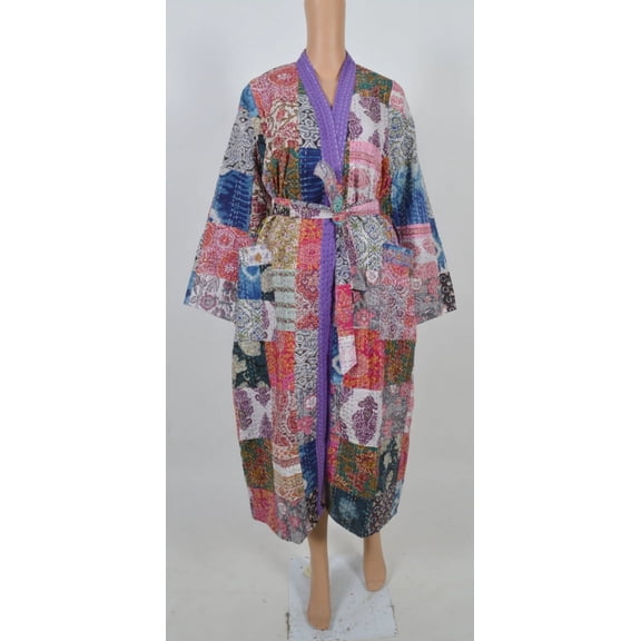 Cotton Bath Robe, Stone Wash Indian Multi Patchwork Handmade Kantha Stitch Robe,Cotton Kimono,Cotton Robe,Swim Wear,Night Wear Free Size.