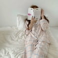 thumbnail image 4 of Women's Loose Long Sleeve Sleepwear Set Cardigan Pants Sakura Pink Grid Pattern, 4 of 6
