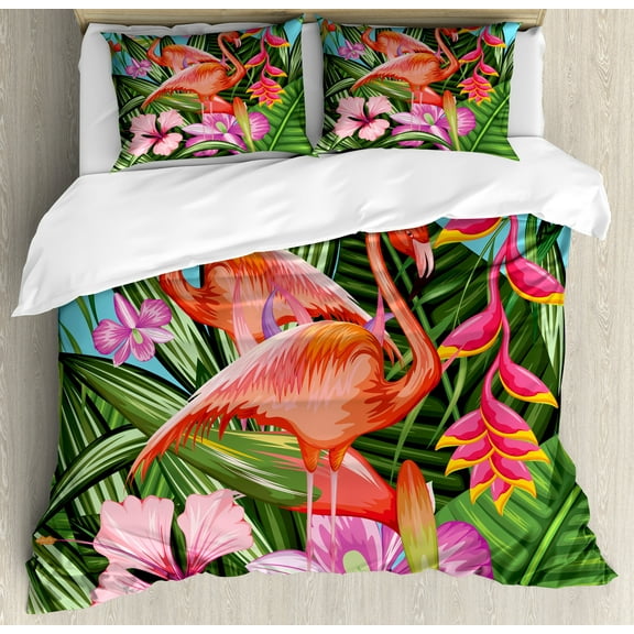 Flamingo Duvet Cover Set, Illustration of Animal Tropical Garden Hibiscus Flower Plant Vintage, Decorative 3 Piece Bedding Set with 2 Pillow Shams, Calking Size, Green Pink Blue, by Ambesonne