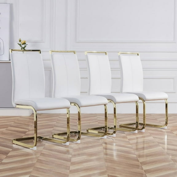 TesNus Modern PU Leather Dining Chairs Set of 4, White High Back Side Chairs with Gold Metal Legs for Dining Room, Kitchen, Restaurant