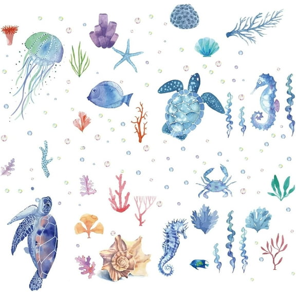 8 Sheets Sea Life Window Decals Stickers Ocean Turtle Seahorse Jellyfish Starfish Coral Summer Wall Clings Sticker PVC Self-Adhesive Peel and Stick for Home Office Nursery Bedroom Bathroom Blue